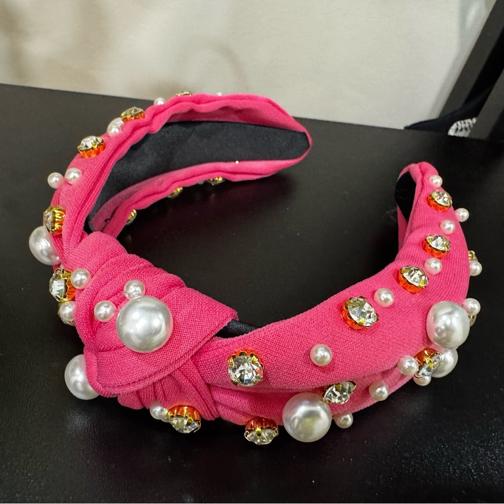 Fuchsia Knotted Headband with Pearls & Gold Crystal Accents